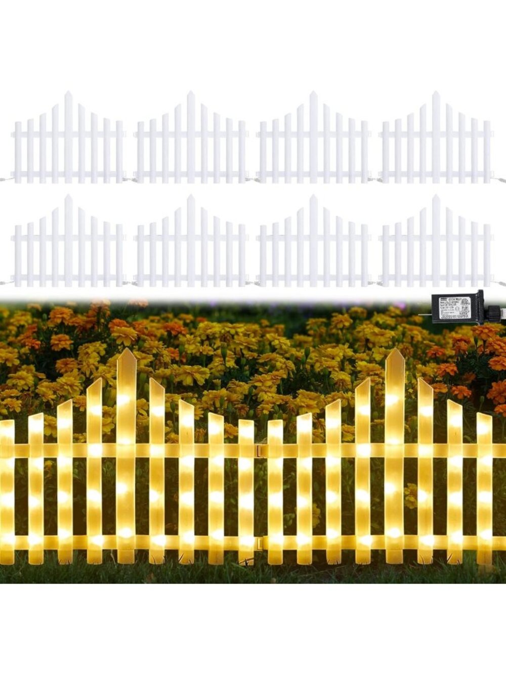 8 Pack Warm White LED Garden Fence Lights - 11.1in Height, 9.1ft Length
